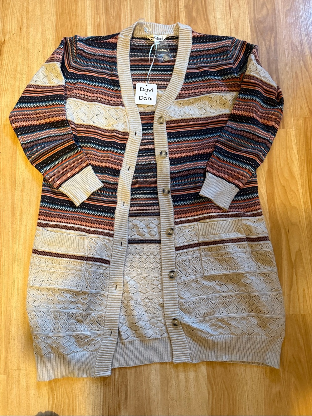 DAVI & DANI Cream Long Striped Knit Cardigan with Multicolor Accents